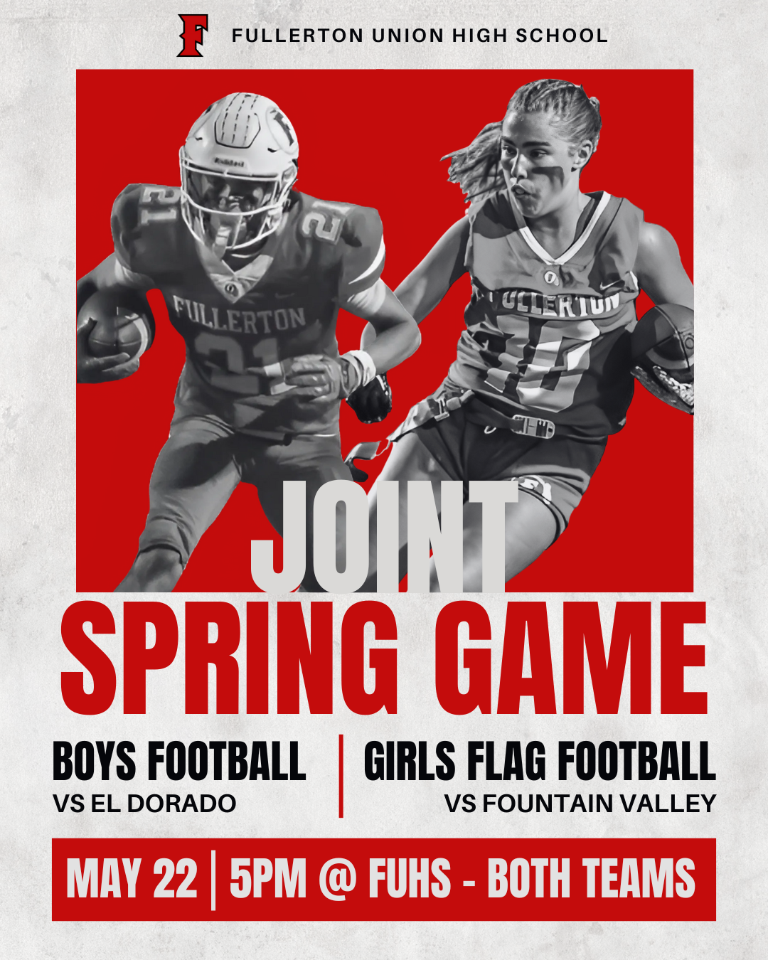 Spring football and flag football game @ fuhs 5pm on 5/22